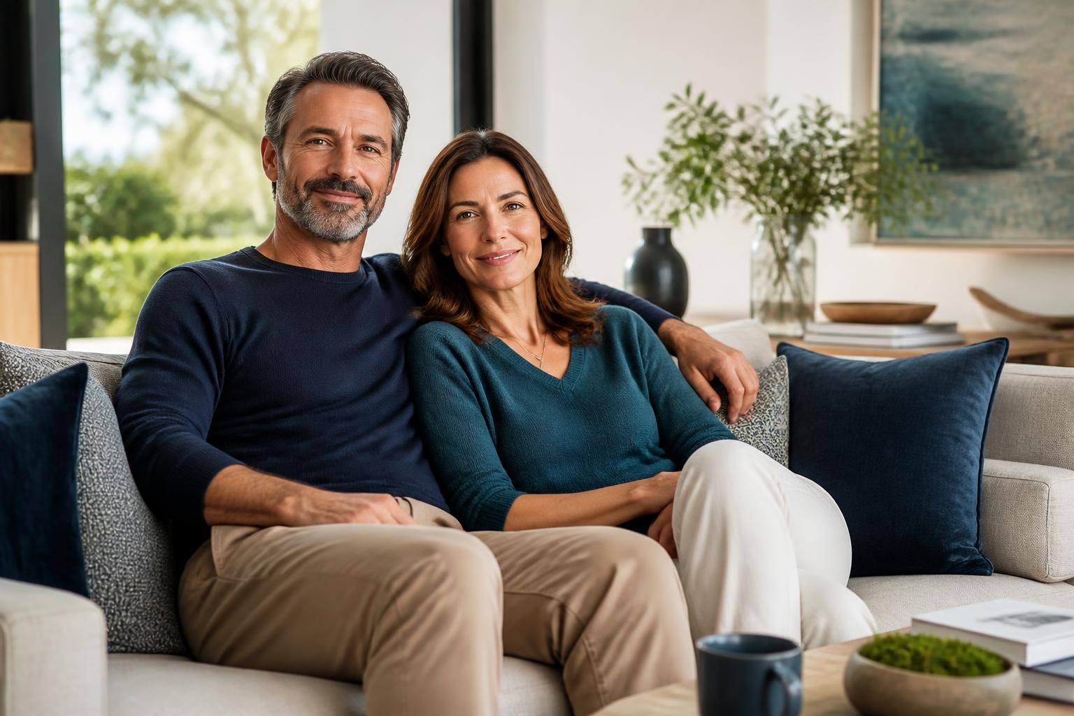 A smiling couple relaxing together on a sofa at home