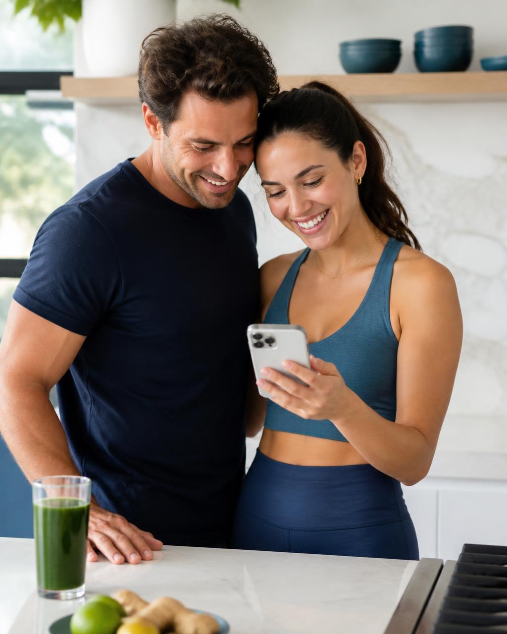 A couple in a bright kitchen looking at an iPhone together