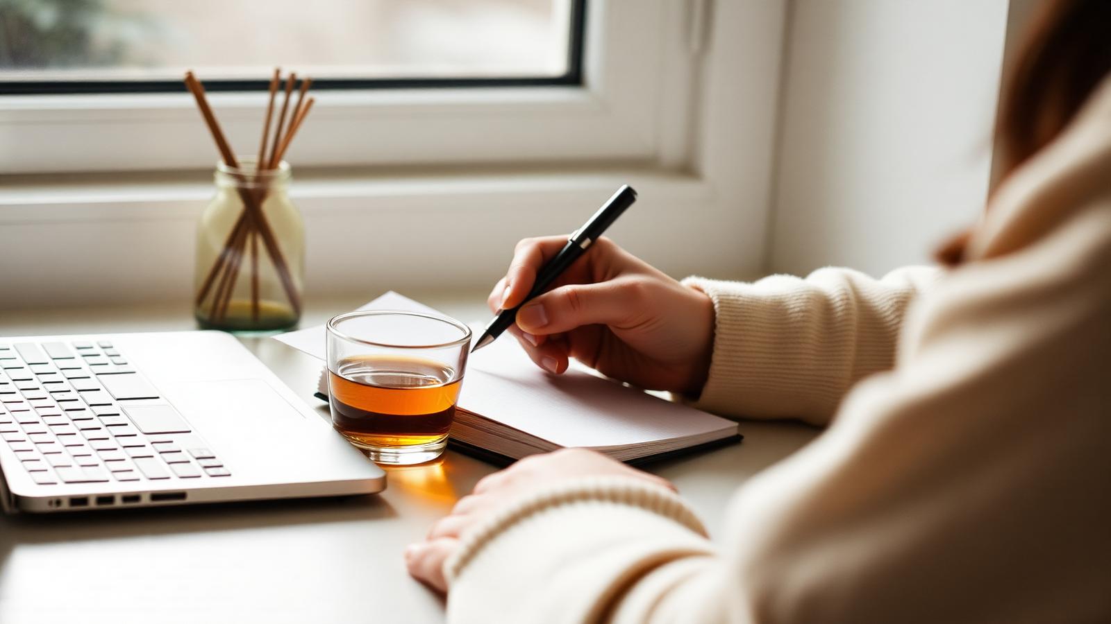 Person writing in a notebook beside a laptop by a window